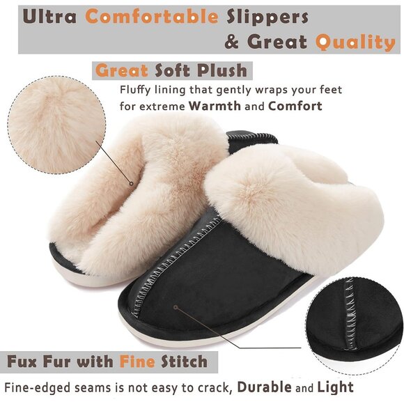 Women's Black Fluffy Cozy Winter Warm Plush Memory Foam Slip On Slippers Shoes - Picture 4 of 6